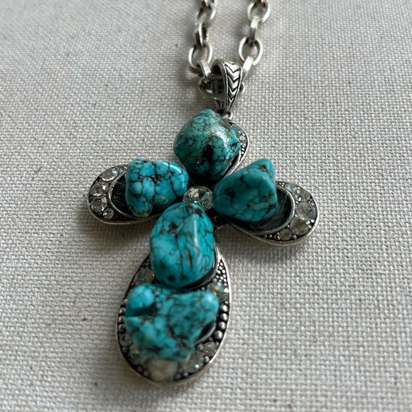 Turquoise Stone Cross Pendant Necklace – Western Boho Style - Picture 1 of 5